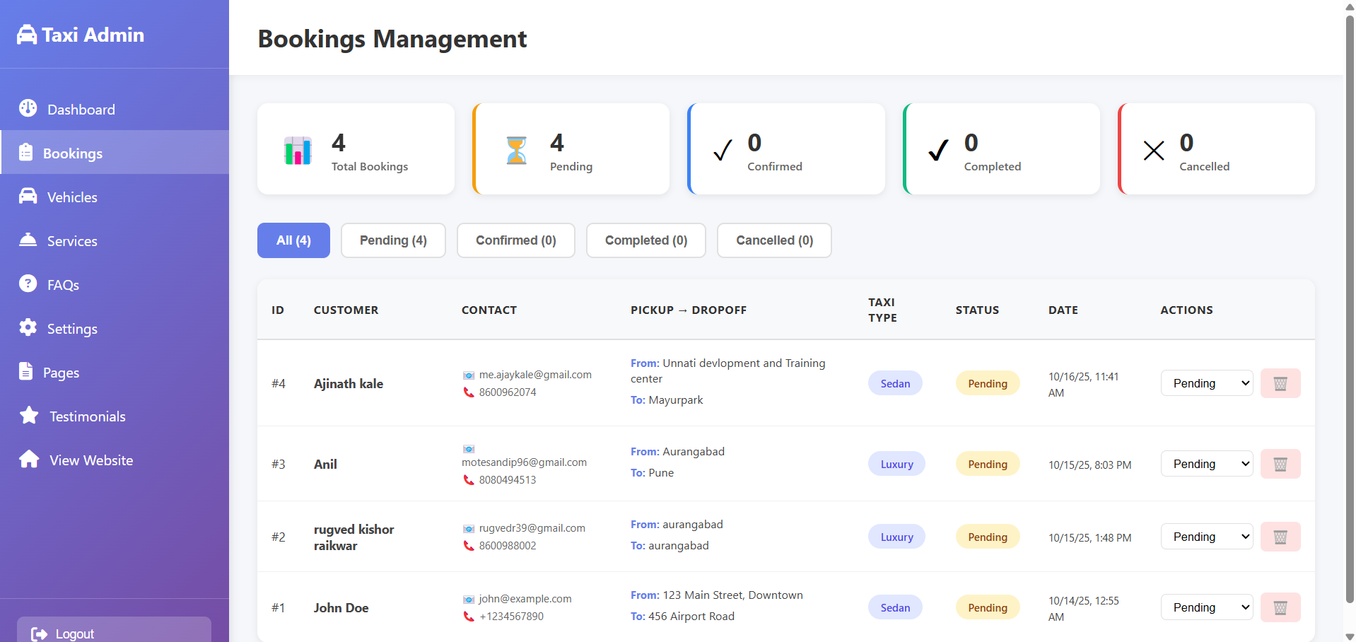 Bookings Management Screenshot