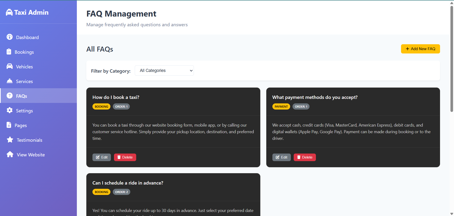 FAQs Management Screenshot