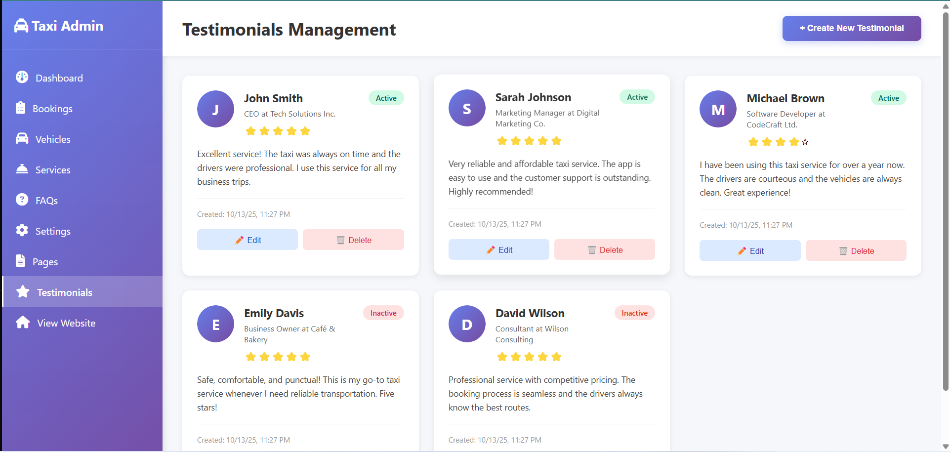 Testimonials Management Screenshot
