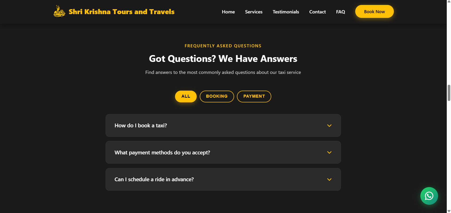 FAQs Page Screenshot